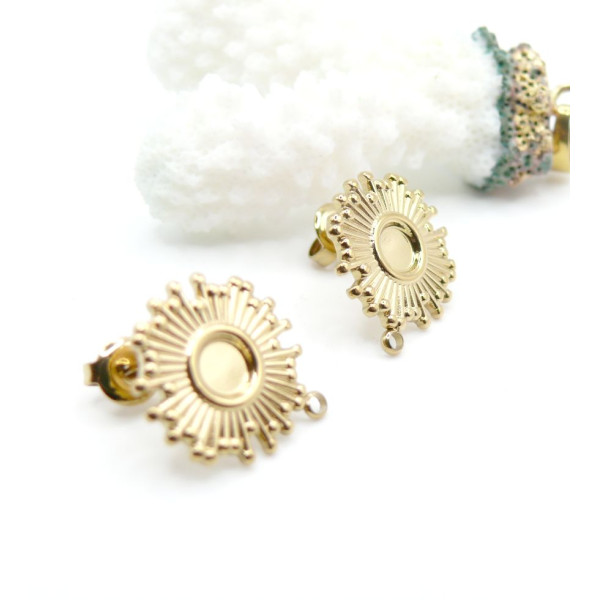 Puces d’Oreilles Soleil Art Déco avec Anneau d’Attache – Acier Inoxydable Doré à l’Or Fin 14K, Placage Ionique