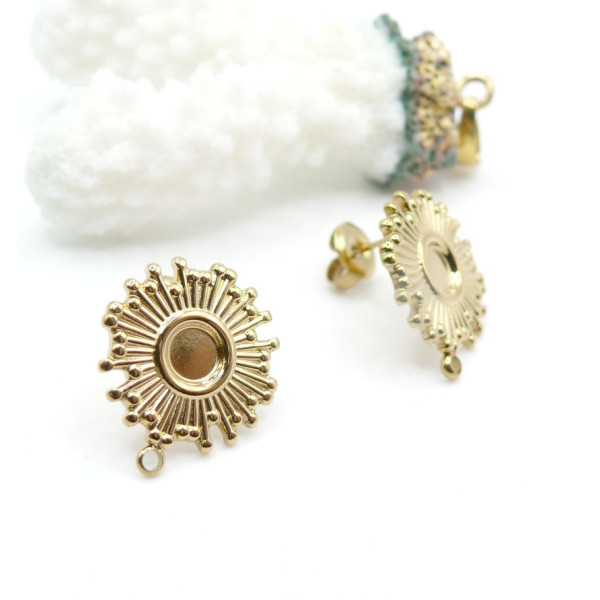 Puces d’Oreilles Soleil Art Déco avec Anneau d’Attache – Acier Inoxydable Doré à l’Or Fin 14K, Placage Ionique