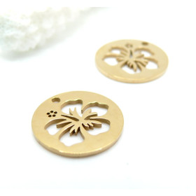 Pendentifs Fleur d'Hibiscus dans cercle 15 mm – Acier Inoxydable 304 Doré