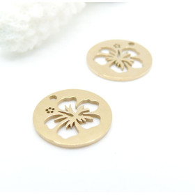 Pendentifs Fleur d'Hibiscus dans cercle 15 mm – Acier Inoxydable 304 Doré