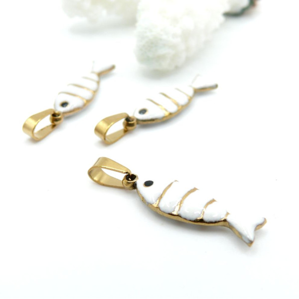 Pendentif avec Bélière Poisson Blanc 22 mm – Acier Inoxydable 304 Doré