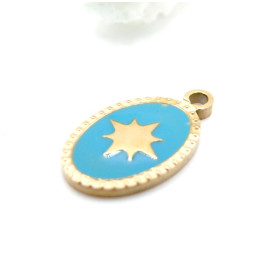 Pendentif Ovale avec étoile 15 mm en résine émaillée Bleu – Acier Inox 304 Doré à l’or fin 18K, PVD