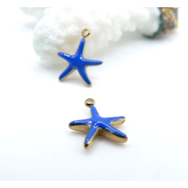 Pendentif Étoile de mer 14.5 mm avec résine émaillée Bleu – Acier Inoxydable 304 Doré, PVD