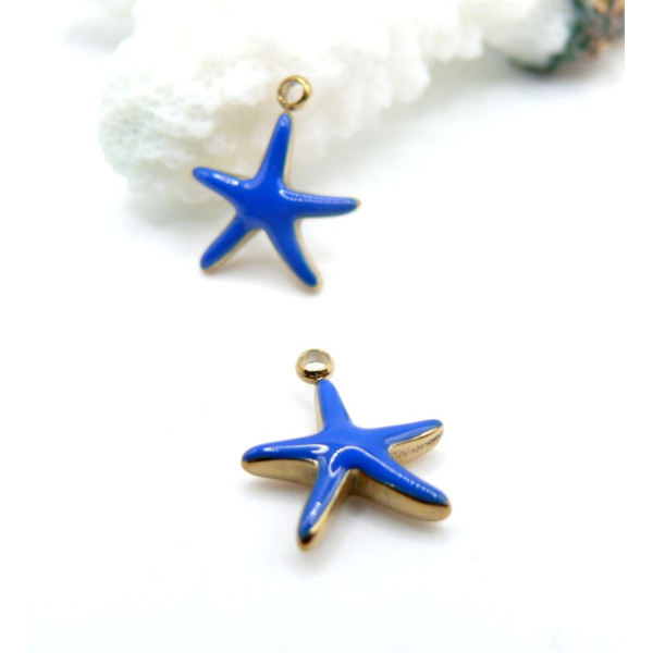 Pendentif Étoile de mer 14.5 mm avec résine émaillée Bleu – Acier Inoxydable 304 Doré, PVD