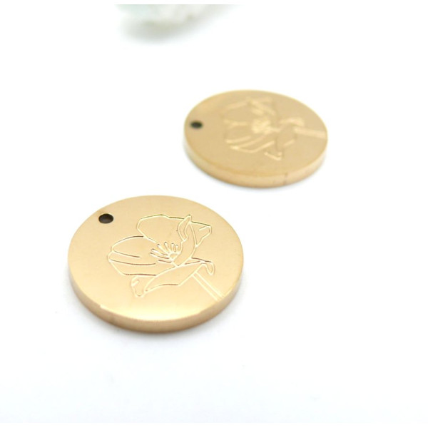 Pendentifs Médaillon avec Fleurs 13mm – Acier Inoxydable 304 Doré PVD