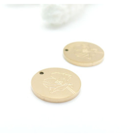Pendentifs Médaillon avec Fleurs 13mm – Acier Inoxydable 304 Doré PVD