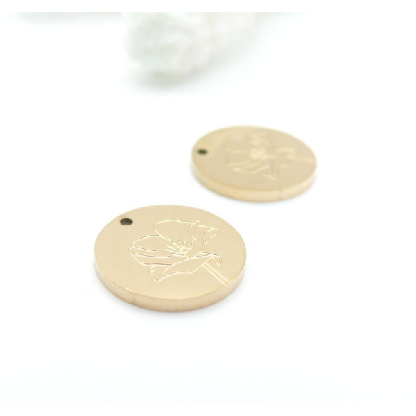 Pendentifs Médaillon avec Fleurs 13mm – Acier Inoxydable 304 Doré PVD
