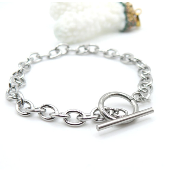 Bracelets  19.4cm maille Ovale  8 par 6 mm et T Toggle  – Acier Inoxydable 304 Argenté