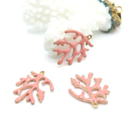 Pendentifs Branche de Corail 20 x 15 mm – Résine Émaillée ROSE, Laiton Doré