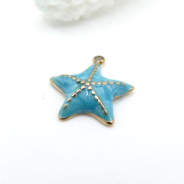 Pendentif Étoile de mer 16 mm avec résine émaillée bleu – Acier Inoxydable 304 Doré à l’or fin 14K, PVD