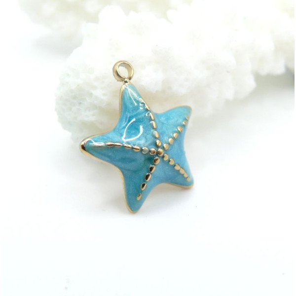 Pendentif Étoile de mer 16 mm avec résine émaillée bleu – Acier Inoxydable 304 Doré à l’or fin 14K, PVD