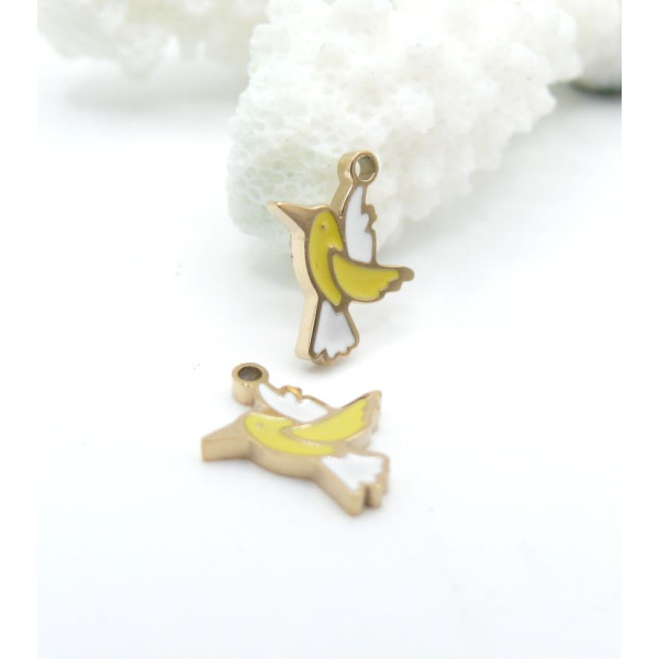 Pendentif Oiseau 13 mm – Résine Émaillée & Acier Inoxydable Doré à l’Or Fin 18K