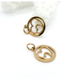 Pendentifs avec anneau, Double Coeur dans cercle 12mm – Acier Inoxydable 304 Doré à l'or fin 18K, IONIQUE