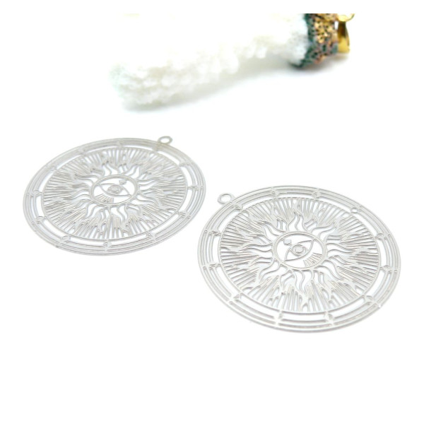 Pendentifs Estampes Soleil & Œil de Protection 30 mm – Acier Inoxydable Argenté