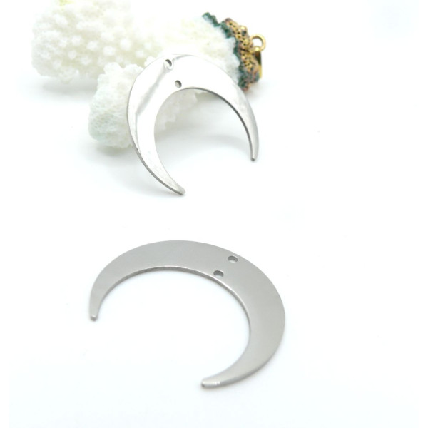 Pendentifs, Connecteurs Corne de Buffle, Lune 26mm, Acier Inoxydable Argenté