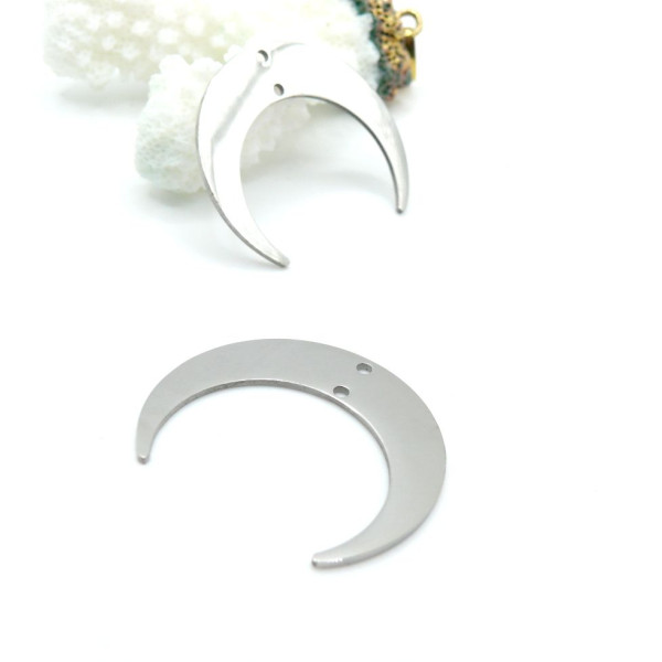 Pendentifs, Connecteurs Corne de Buffle, Lune 26mm, Acier Inoxydable Argenté