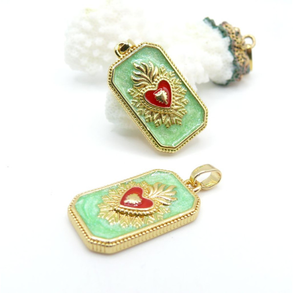 Pendentif Rectangle Cœur Ex Voto 27.5 mm – Résine Émaillée & Laiton Doré