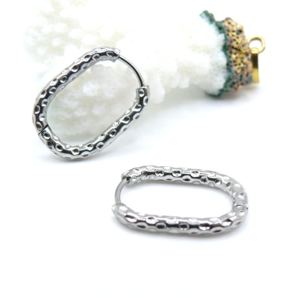 Créoles Ovales Texturées 22 × 16 mm, Épaisseur 2.5 mm – Acier Inoxydable 304 Argenté