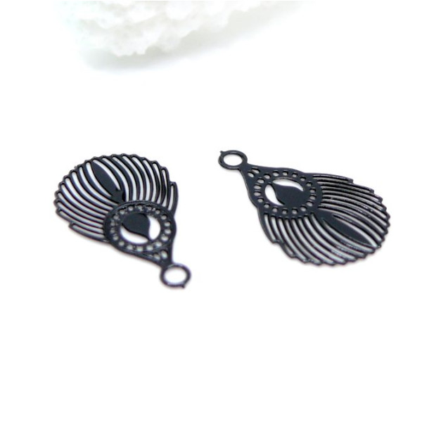 Pendentifs estampes petites plumes de Paon  17 mm – Acier inoxydable, NOIR