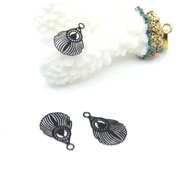 Pendentifs estampes petites plumes de Paon  17 mm – Acier inoxydable, NOIR