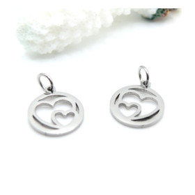 Pendentifs avec Anneau Cercle Double Cœur 14 mm – Acier Inoxydable Argenté