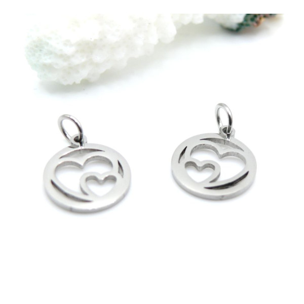 Pendentifs avec Anneau Cercle Double Cœur 14 mm – Acier Inoxydable Argenté