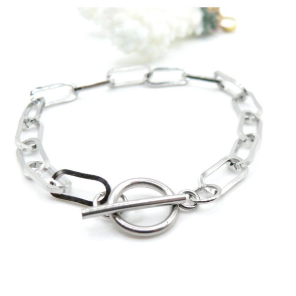 Bracelet  20.5cm maille Ovale rectangle 14mm et T Toggle  – Acier Inoxydable 304 Argenté