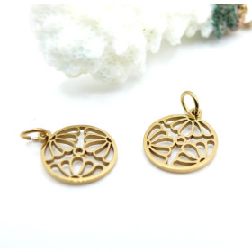 Pendentifs avec Anneau Fleur dans Cercle 12 mm – Acier Inoxydable 304 Doré à l’Or Fin 18K Ionique