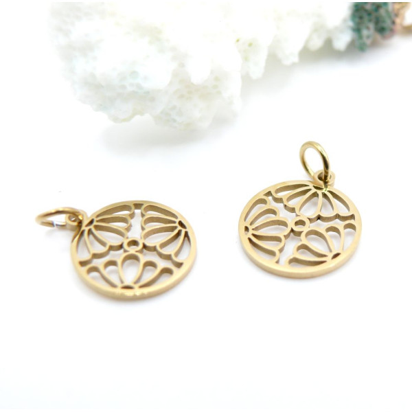Pendentifs avec Anneau Fleur dans Cercle 12 mm – Acier Inoxydable 304 Doré à l’Or Fin 18K Ionique