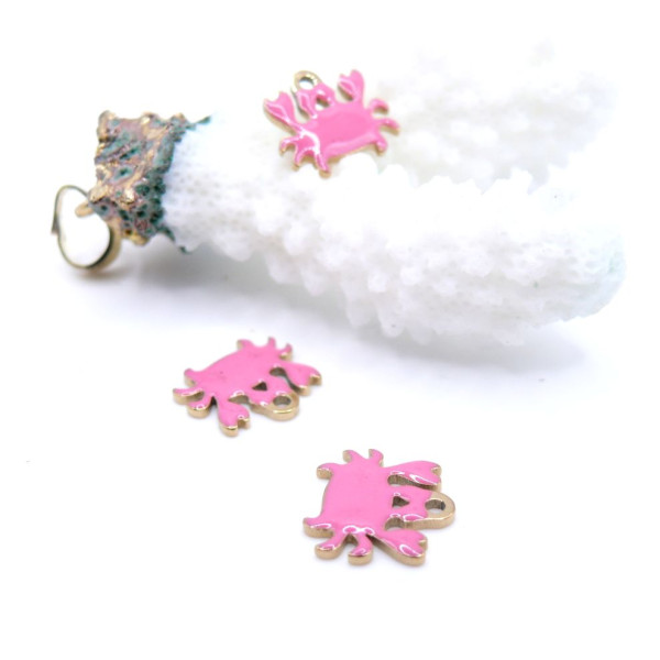 Pendentifs Crabe 12mm – Résine Émaillée Rose Acier Inoxydable 304 Doré 18K