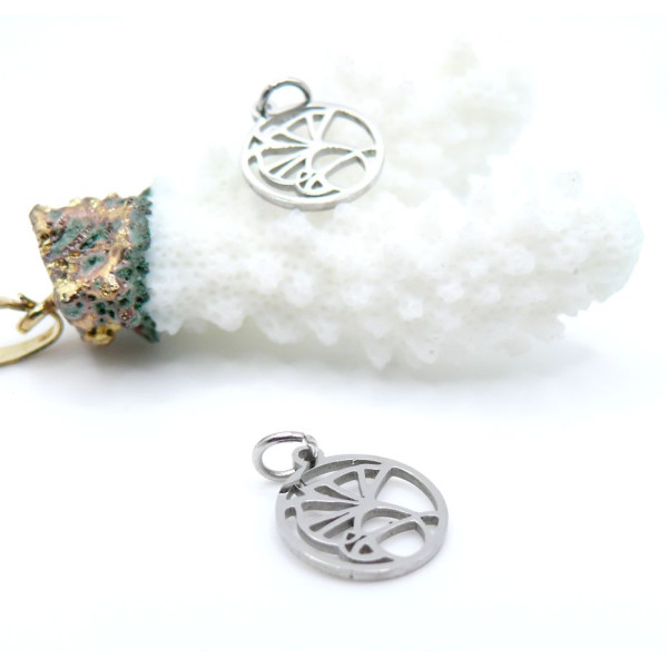 Pendentifs avec anneau Feuille de Ginkgo dans médaillon 12 mm – Acier Inoxydable 304 Argenté