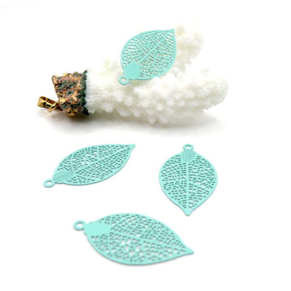 Estampes Pendentifs Filigrane Feuille 28 mm  – Laiton Bleu Vert pastel