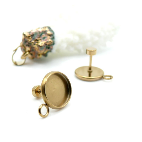 H11Z08408AG – Lot de 2 Supports de Boucle d’oreille Puce avec anneau d'attache 10mm – Acier Inoxydable 304 Doré IONIQUE