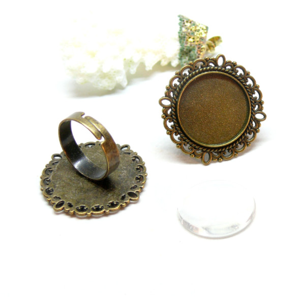 Supports de bague ARTY 20mm et 4 cabochons en verre laiton finition BRONZE