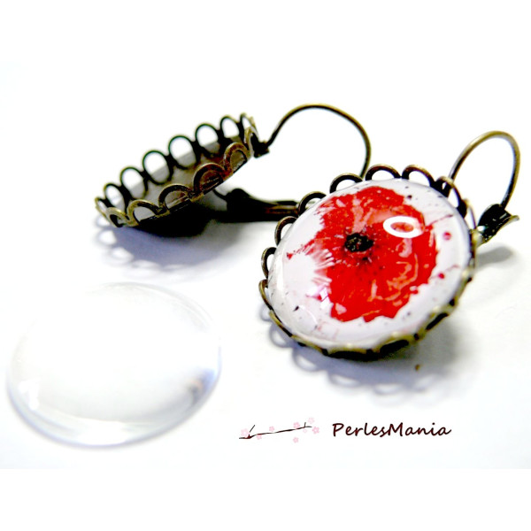 Lot de 4 Supports Boucles d’ oreille Dormeuse Vague 18mm Bronze et 4 Cabochons Verre