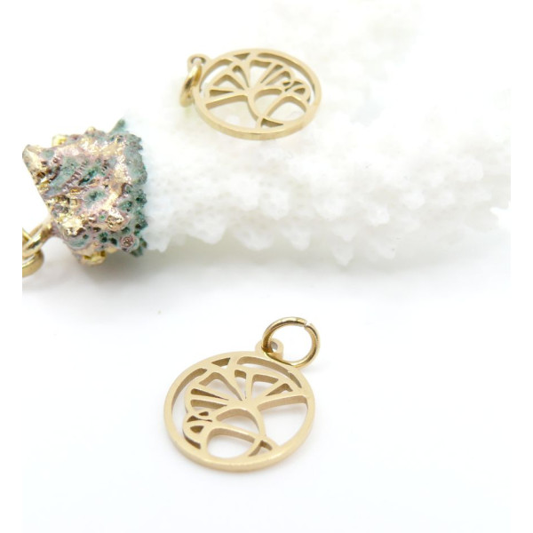 Pendentifs avec anneau, Feuille de Ginkgo dans cercle 12 mm – Acier Inoxydable 304 Doré à l'or fin 18K, IONIQUE