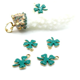 Pendentifs Trèfle 14 par 10mm – Résine Émaillée Vert Emeraude Acier Inoxydable 304 Doré