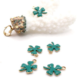 Pendentifs Trèfle 14 par 10mm – Résine Émaillée Vert Emeraude Acier Inoxydable 304 Doré