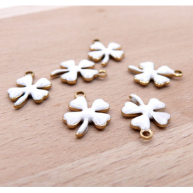 Pendentifs Trèfle 14 par 10mm – Résine Émaillée Blanc Acier Inoxydable 304 Doré