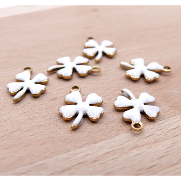 Pendentifs Trèfle 14 par 10mm – Résine Émaillée Blanc Acier Inoxydable 304 Doré