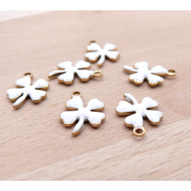 Pendentifs Trèfle 14 par 10mm – Résine Émaillée Blanc Acier Inoxydable 304 Doré