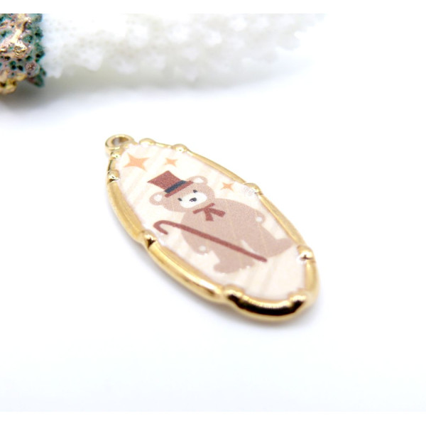 Pendentif Ovale avec Ourson 34 mm – Acier Inoxydable 304 Doré à l’Or Fin 18K PVD