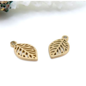 H11P33807G– Lot de 2 Pendentifs Petite Feuille 12 mm – Acier Inoxydable 304 Doré, placage IONIQUE