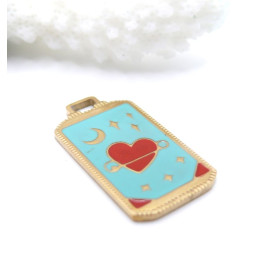 Pendentif Carte de Tarot Lune, Étoile et Cœur – Résine Émaillée & Acier Inox 304 – Doré à l’Or fin 18K