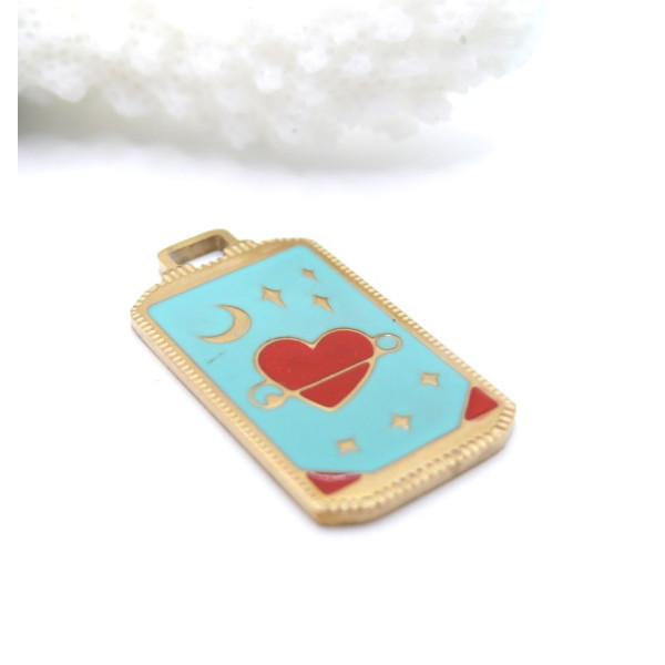 Pendentif Carte de Tarot Lune, Étoile et Cœur – Résine Émaillée & Acier Inox 304 – Doré à l’Or fin 18K