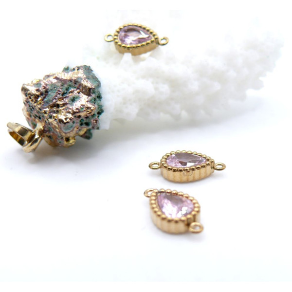 Connecteurs Goutte 12x7mm Strass Rose Clair Acier Inoxydable 304 Doré 18K PVD