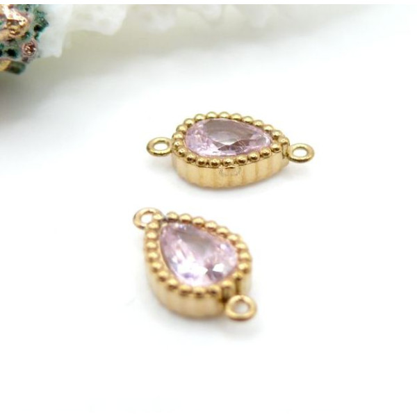 Connecteurs Goutte 12x7mm Strass Rose Clair Acier Inoxydable 304 Doré 18K PVD