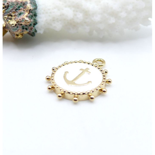 Pendentif Ancre dans médaillon 16 mm – Résine Émaillée & Acier Inox 304 – Doré à l’Or fin 18K