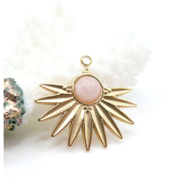 Pendentif Demi Soleil Éventail 20mm – Acier Inoxydable Doré 18KT & Pierre Rose