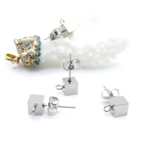Boucles d'oreilles Puces Cube 5mm avec attache – Acier Inoxydable 304 Argenté